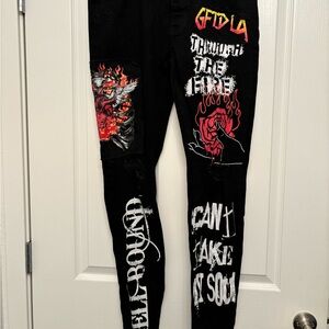 GFTD LA Designer Black Jeans Painted Embroidered and Distressed, Emo, Punk,